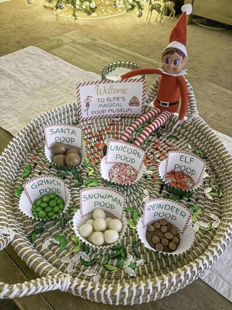 A festive arrangement on a woven tray features a small elf doll sitting next to a sign that reads "Welcome to Elfie's Magical Poop Museum." The tray holds six labeled containers of candy, each humorously named after different Christmas characters.