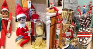 A collage of mischievous elf dolls in various humorous scenarios: wrapped in a marker, grating a potato, climbing canned goods, and setting up pranks on a red-and-white themed toilet. Each scene captures the playful antics of the bad elf on the shelf during the holiday season.