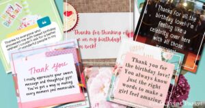 A collage of birthday thank you cards with various heartfelt messages, set against a backdrop of balloons and flowers. The cards express gratitude and thanks for the birthday wishes, highlighting feelings of appreciation and joy.