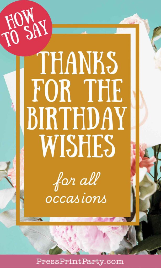 A colorful card featuring a pink banner that reads "How to Say," with the words "Thanks for the Birthday Wishes for all occasions" elegantly displayed in white on a golden background. The design is surrounded by vibrant pink flowers, set against a light blue backdrop.