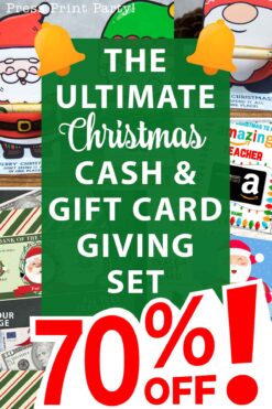 A promotional image highlighting "The Ultimate Cash and Gift Card Giving Set (Copy)" adorned with festive graphics featuring Santa and bells. A large "70% Off!" announcement is prominently displayed at the bottom.