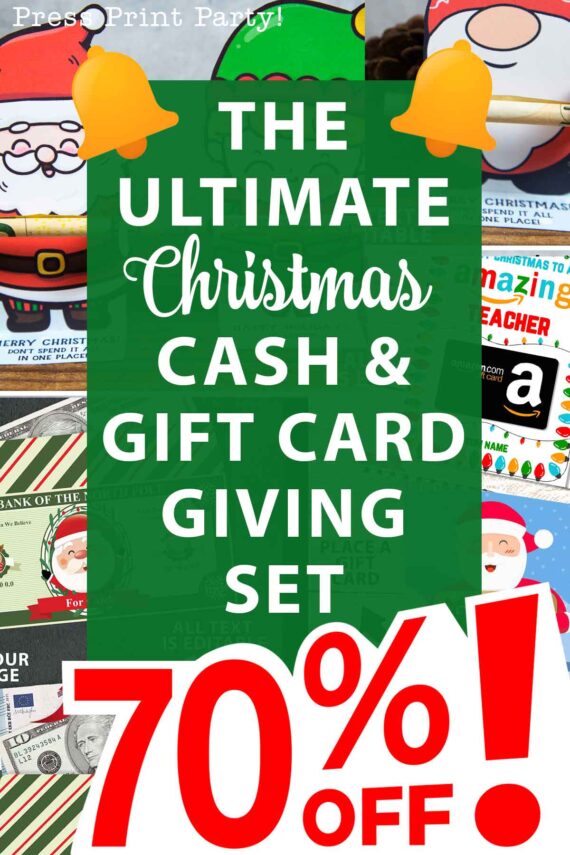 A promotional image highlighting "The Ultimate Cash and Gift Card Giving Set (Copy)" adorned with festive graphics featuring Santa and bells. A large "70% Off!" announcement is prominently displayed at the bottom.