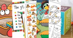 A collage of Thanksgiving-themed crafts and activities for kids, including a turkey paper cutout, gratitude activity sheets, coloring pages, and autumn motifs like pumpkins and pies. Each section displays colorful and festive designs.