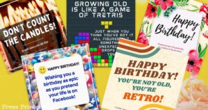 A colorful birthday card collage with funny things to write in a birthday card, like "Don't count the candles" and "Growing old is like a game of Tetris." Some cards feature flowers and playful designs, celebrating aging with humor.