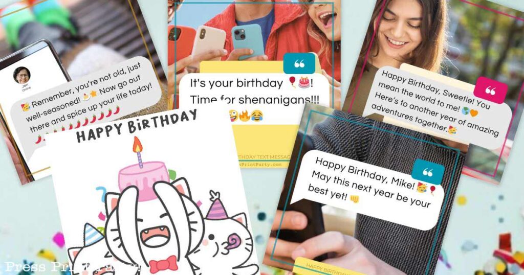 A collage of colorful birthday messages featuring cartoon characters, emojis, and confetti. Texts include cheerful happy birthday text messages and humorous notes, surrounded by smiling people and celebratory decorations.