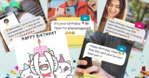 A collage of colorful birthday messages featuring cartoon characters, emojis, and confetti. Texts include cheerful happy birthday text messages and humorous notes, surrounded by smiling people and celebratory decorations.