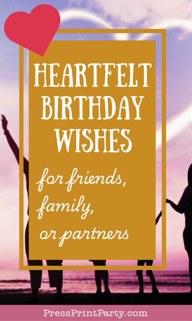 A pink and purple sunset beach scene with silhouetted people celebrating. A text box with a heart warmly reads, "Heartfelt Birthday Wishes for friends, family, or partners" in bold white letters. The website name is elegantly displayed at the bottom.