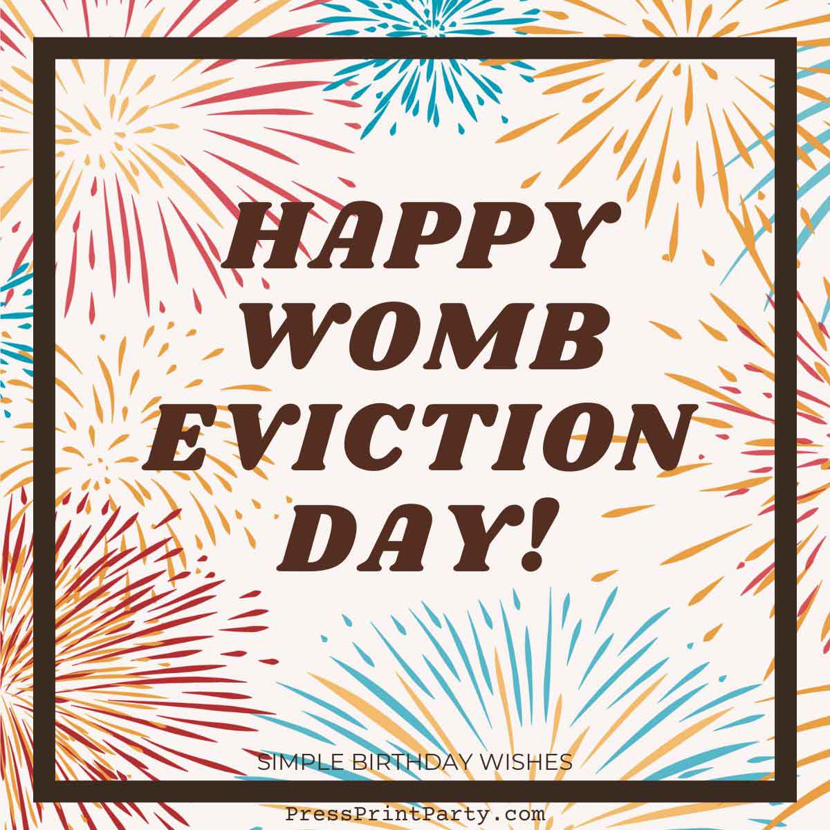 A greeting card with a colorful fireworks design and the bold message "Happy Womb Eviction Day!" displayed in the center, perfect for those who appreciate simple birthday wishes with a twist of humor.