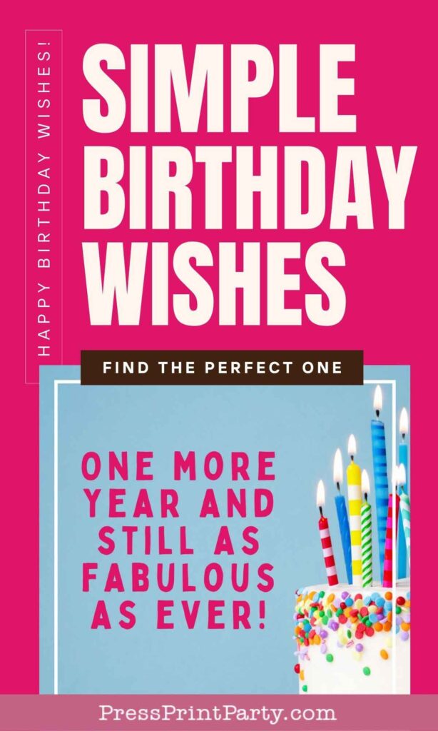 A pink birthday card reads: "Simple Birthday Wishes for someone truly special." Below, text on a blue background says, "One more year and still as fabulous as ever!" A small cake with colorful candles is at the bottom.