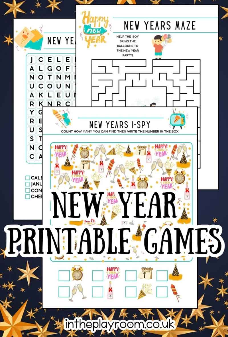A collection of New Year-themed printable games, including a word search, maze, and I-Spy, with star decorations in the background.