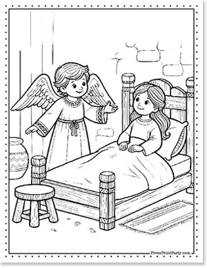 A black and white illustration from Christian Christmas coloring pages depicts a child sitting up in bed, smiling at an angel with wings by their side. The cozy room features a bed, a stool, and a pot in the background.