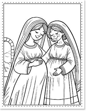 Two women with veils, both pregnant, smile as they touch each other's bellies, embodying the joy of the Christmas spirit. Standing close together under an archway framing a serene landscape, this black and white illustration captures a moment perfect for Christian Christmas coloring pages.