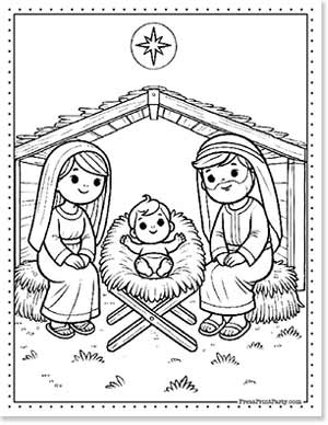 Black and white coloring page of a Nativity scene with Mary, Joseph, and baby Jesus in a manger under a star.