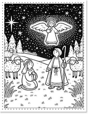 A night scene with an angel in the sky, surrounded by stars. Below, two shepherds and a few sheep stand on grassy ground. Pine trees are visible in the background.
