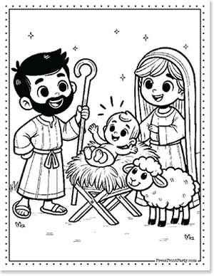 A cartoon illustration of a nativity scene featuring a smiling man with a staff, a woman with long hair, and a baby in a manger. A small sheep stands nearby.