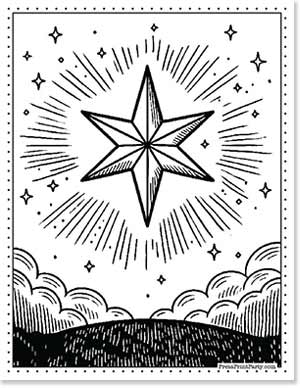 A black and white illustration of a large star with radiating lines in the sky. Smaller stars surround it. Below, there are stylized clouds over a hill, creating a celestial and serene atmosphere.