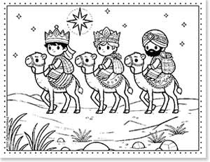 Three cartoon characters dressed as wise men ride camels across a desert, following a bright star in the night sky.