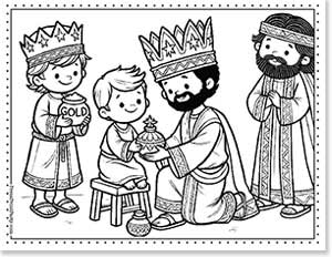A black-and-white illustration of a child receiving gifts from three wise men. One holds a container labeled "GOLD," while another kneels with an ornate jar. The third man stands with hands clasped. All wear crowns and robes, and the child is seated on a stool.