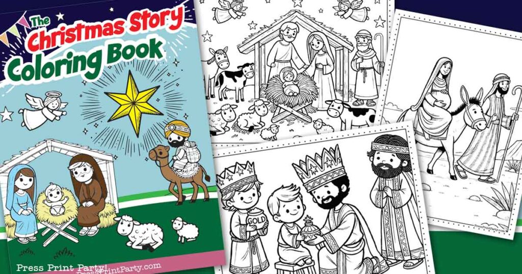 The cover of the Christian Christmas Coloring Pages book features a serene nativity scene with Mary, Joseph, and baby Jesus encircled by animals. Inside, three pages vividly portray the wise men's visit, attentive shepherds, and a journey with Mary on a donkey.