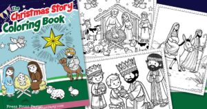 The cover of the Christian Christmas Coloring Pages book features a serene nativity scene with Mary, Joseph, and baby Jesus encircled by animals. Inside, three pages vividly portray the wise men's visit, attentive shepherds, and a journey with Mary on a donkey.