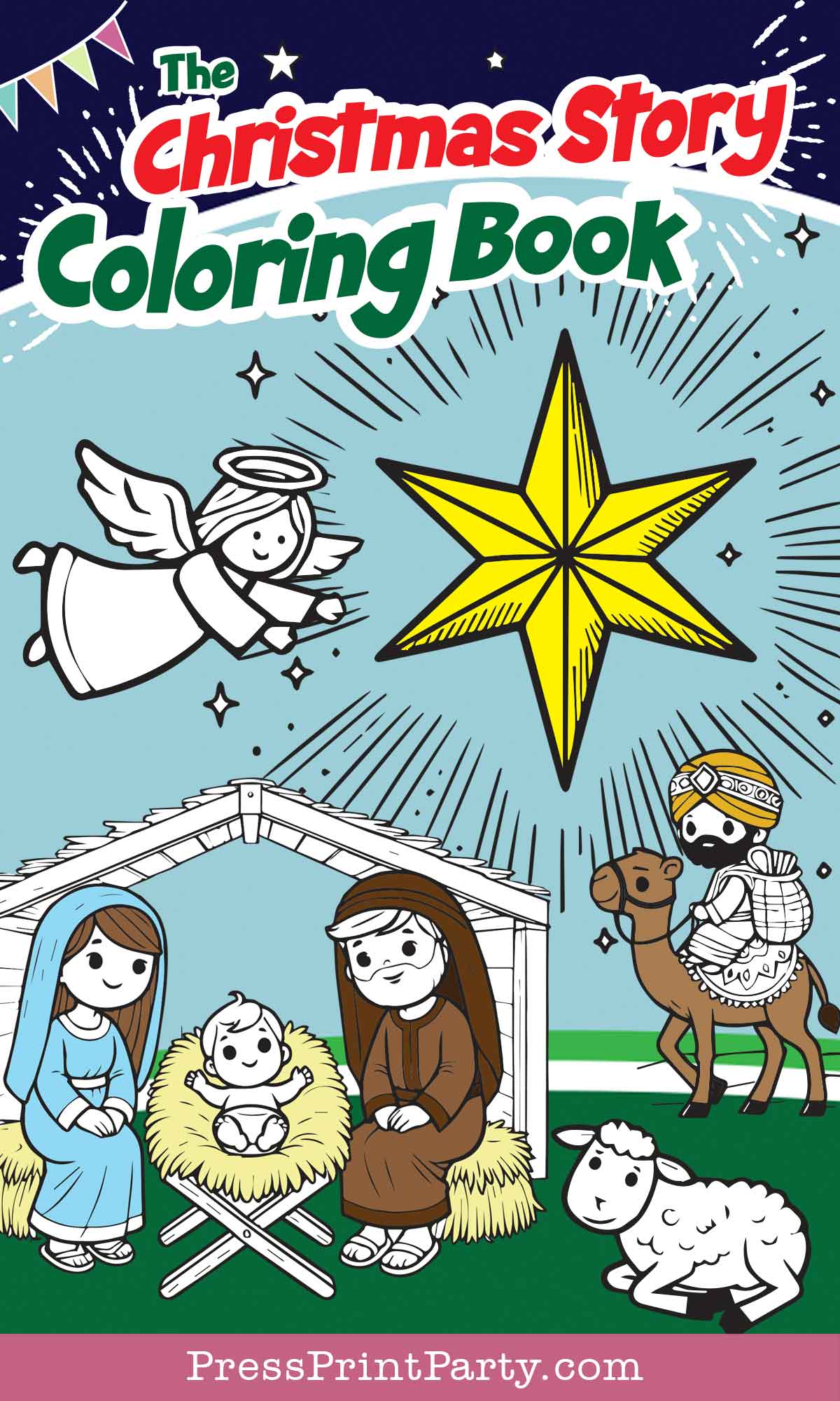 Illustrated Christian Christmas coloring book cover with a nativity scene. Features Mary, Joseph, baby Jesus in a manger, an angel, a bright star, a wise man on a camel, and a sheep. Sky and decorative text are in the background.