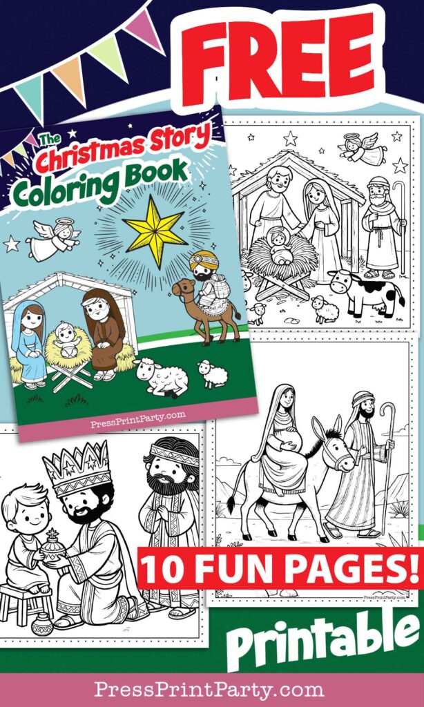 A Christian-themed coloring book cover highlights a nativity scene with Mary, Joseph, baby Jesus, and more. This Christmas coloring book offers "10 Fun Pages" of holiday illustrations for endless festive creativity.