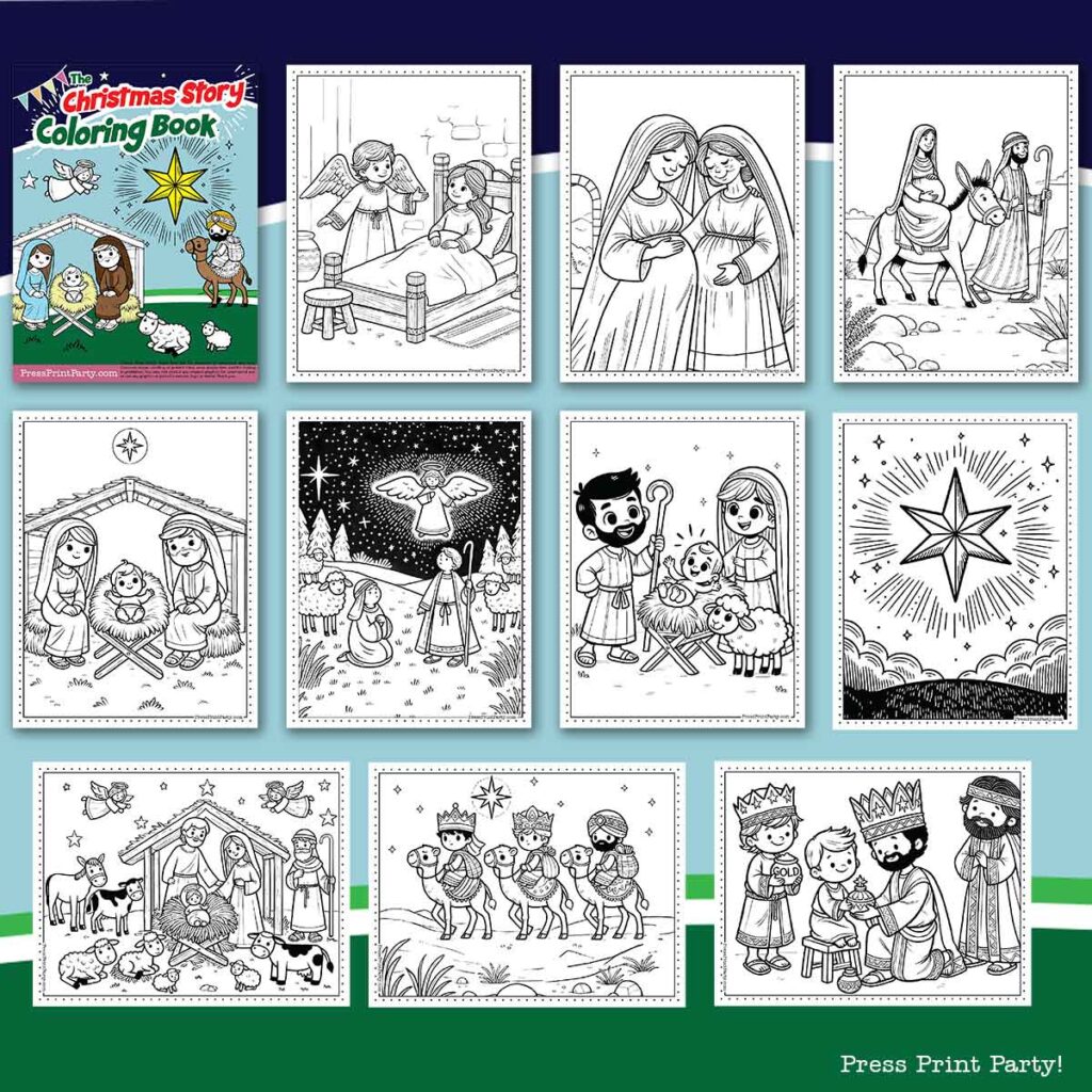 A collection of Christian Christmas coloring pages featuring scenes like the Nativity, shepherds, angels, and the three wise men. Includes a cover page titled "The Christmas Story Coloring Book. Press Print party