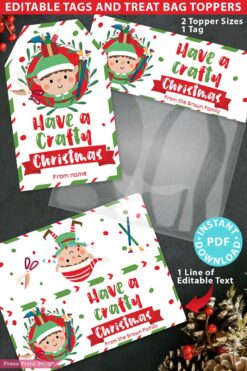 Mrs. Claus Bakery brings you Christmas-themed printable toppers and tags featuring a cartoon elf design. The text reads "Have a Crafty Christmas," with customizable name options. This instant PDF download includes two topper sizes, one tag, and is accompanied by clear bags for gifting.