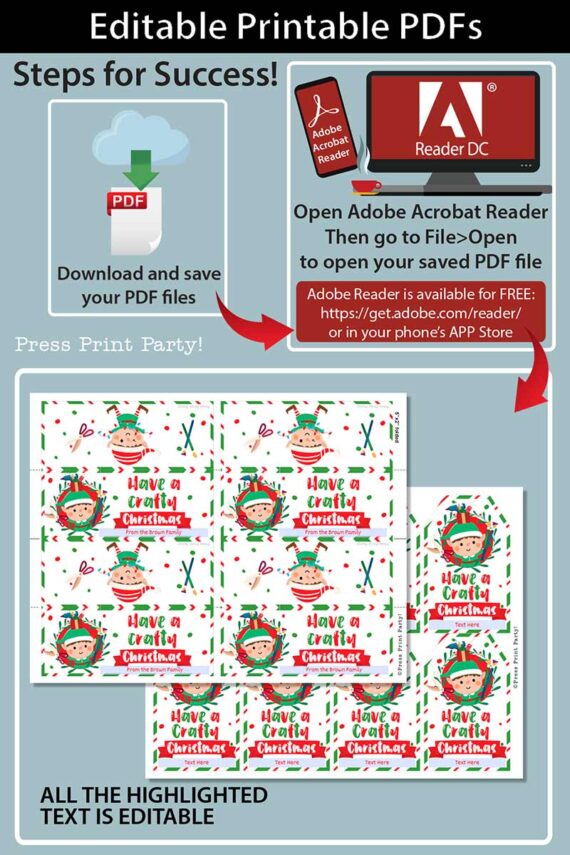 Create an infographic for the editable, printable PDFs of the Mrs. Claus Bakery Christmas Treat Bag Topper & Tag. The instructions guide users on how to open and edit these files in Adobe Acrobat Reader, featuring symbols for downloading and printing, while emphasizing areas with editable text.