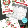 Mrs. Claus Bakery Christmas Treat Bag Topper & Tag features festive holiday-themed, editable tags and treat bag toppers with an elf poop design. The design includes a cartoon elf and marshmallows, offering text options for "Merry Christmas" and "Happy Holidays." It comes with downloadable PDFs for personalization.