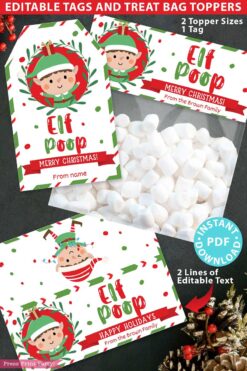 Mrs. Claus Bakery Christmas Treat Bag Topper & Tag features festive holiday-themed, editable tags and treat bag toppers with an elf poop design. The design includes a cartoon elf and marshmallows, offering text options for "Merry Christmas" and "Happy Holidays." It comes with downloadable PDFs for personalization.