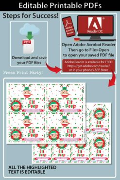 A vibrant instructional graphic detailing steps on how to download and open PDF files using Adobe Acrobat Reader, featuring the Mrs. Claus Bakery Christmas Treat Bag Topper & Tag. It includes festive holiday-themed printable labels with elf designs, highlights editable features, and underscores the importance of pressing 