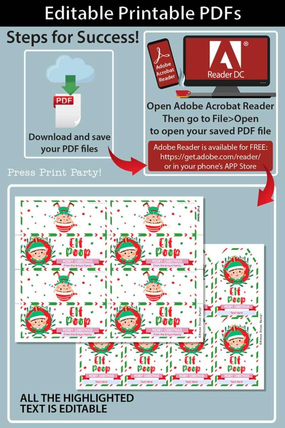 A vibrant instructional graphic detailing steps on how to download and open PDF files using Adobe Acrobat Reader, featuring the Mrs. Claus Bakery Christmas Treat Bag Topper & Tag. It includes festive holiday-themed printable labels with elf designs, highlights editable features, and underscores the importance of pressing "print.