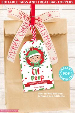 A Mrs. Claus Bakery Christmas Treat Bag is adorned with a festive red and white ribbon that reads "Merry Christmas." It includes a vibrant tag featuring a cheerful elf, accompanied by the words "Elf Poop, Merry Christmas!" with customizable text options.