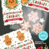 Mrs. Claus Bakery Christmas Treat Bag Topper & Tag features festive gingerbread cookie-themed designs with holiday motifs, including gingerbread people and star-shaped cookies with greenery accents. It offers customizable text areas and comes in various topper sizes for instant PDF download.