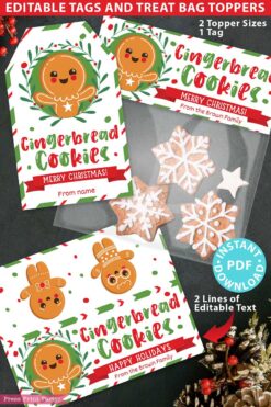 Mrs. Claus Bakery Christmas Treat Bag Topper & Tag features festive gingerbread cookie-themed designs with holiday motifs, including gingerbread people and star-shaped cookies with greenery accents. It offers customizable text areas and comes in various topper sizes for instant PDF download.