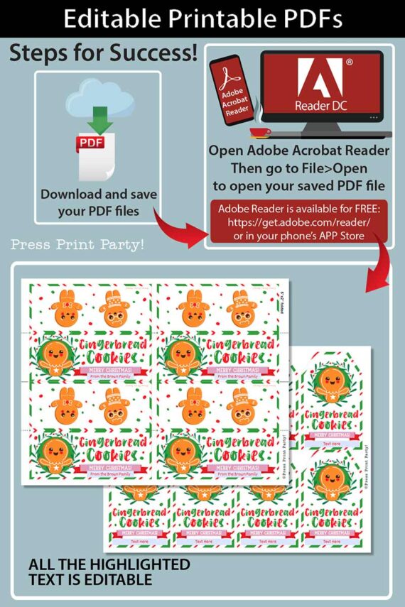 Editable and printable PDFs featuring gingerbread cookie designs for Mrs. Claus Bakery Christmas Treat Bag Topper & Tag are available. Steps include downloading the PDF, opening it with Adobe Acrobat Reader, and printing. The highlighted text is editable.