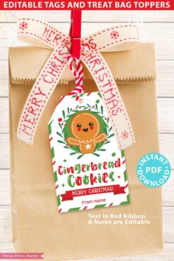 A brown paper bag adorned with a ribbon that says "Merry Christmas" features a charming festive tag with an adorable gingerbread character. The tag reads, "Gingerbread Cookies Merry Christmas" and is available as an instant PDF download under the product name Mrs. Claus Bakery Christmas Treat Bag Topper & Tag.