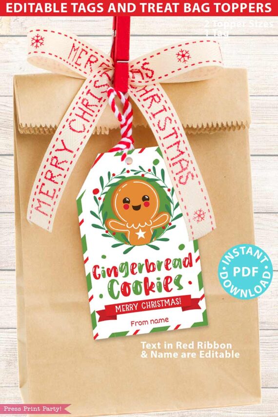 A brown paper bag adorned with a ribbon that says "Merry Christmas" features a charming festive tag with an adorable gingerbread character. The tag reads, "Gingerbread Cookies Merry Christmas" and is available as an instant PDF download under the product name Mrs. Claus Bakery Christmas Treat Bag Topper & Tag.