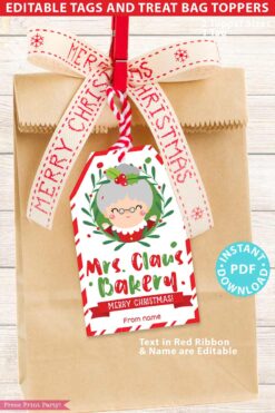 The "Mrs. Claus Bakery Christmas Treat Bag Topper & Tag" features a brown paper gift bag adorned with a red ribbon displaying "Merry Christmas." It includes a customizable tag featuring Mrs. Claus and the message "Mrs. Claus Bakery, Merry Christmas!" with editable fields for the recipient's name. A PDF download label is visible.