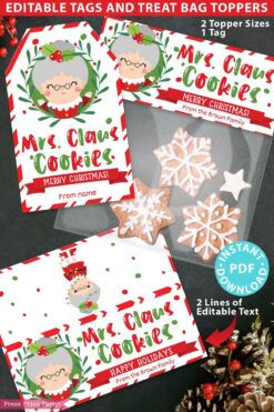 Introducing the Mrs. Claus Bakery Christmas Treat Bag Topper & Tag set, designed with a charming "Mrs. Claus Cookies" theme. This festive package includes two sizes of toppers, one tag, snowflake and star-shaped cookie graphics, and customizable text for your personal touch. The Christmas-themed design is beautifully accented with greenery and holly elements.