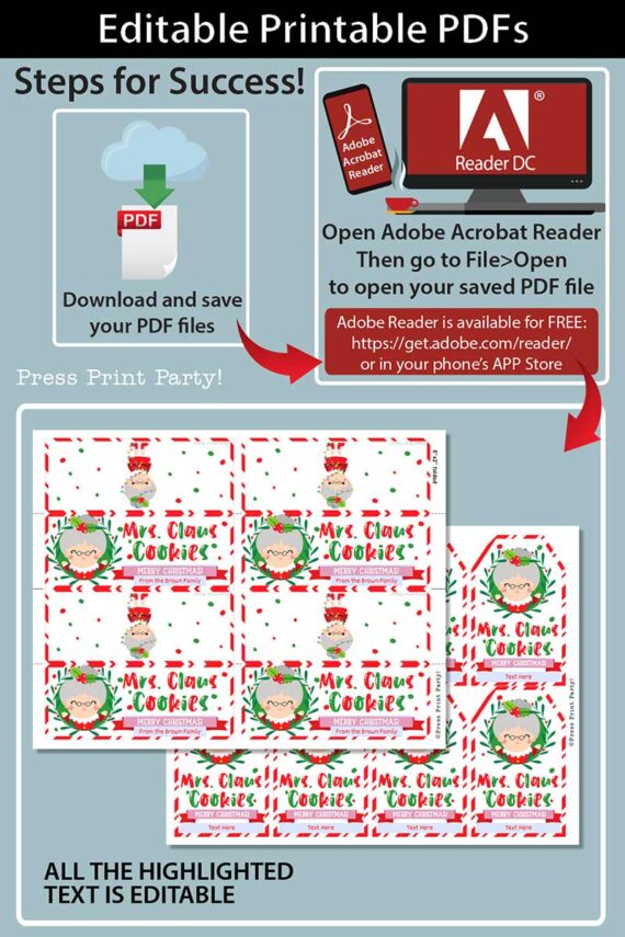 An instructional graphic for editable printable PDFs featuring the Mrs. Claus Bakery Christmas Treat Bag Topper & Tag. It illustrates steps to download, open in Adobe Acrobat Reader, and print. The package includes a sample sheet with festive holiday designs and customizable text.