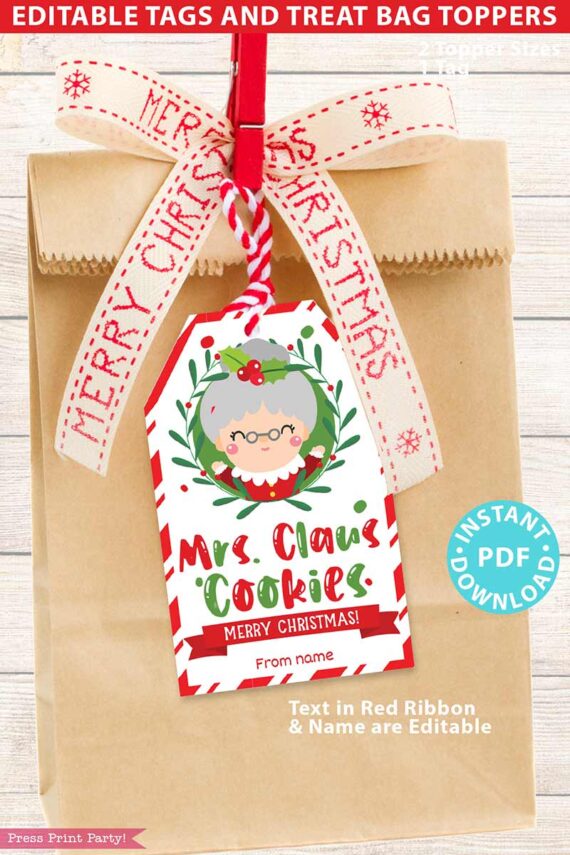 A brown paper bag adorned with a red and white "Merry Christmas" ribbon, featuring the Mrs. Claus Bakery Christmas Treat Bag Topper & Tag. The tag showcases a cartoon Mrs. Claus and the text "Mrs. Claus Cookies," and includes editable text for personalization.
