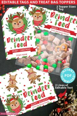 Introducing the Mrs. Claus Bakery Christmas Treat Bag Topper & Tag: editable holiday tags and treat bag toppers with charming cartoon reindeer designs. This instant PDF download includes the festive "Reindeer Food" text and is beautifully presented with bags of colorful candies and cereal.
