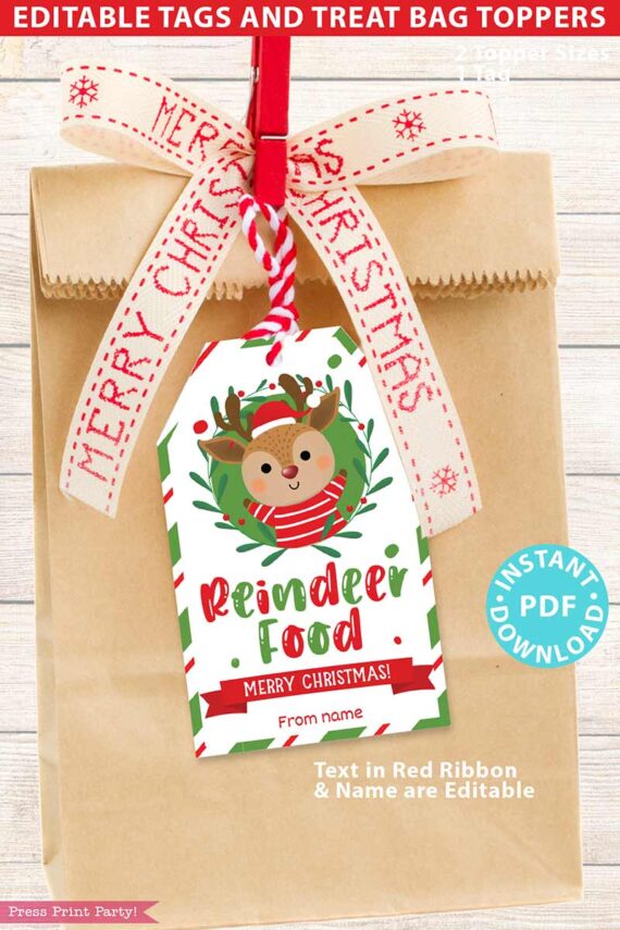 The Mrs. Claus Bakery Christmas Treat Bag Topper & Tag features a brown paper gift bag adorned with a festive red and white ribbon, reading "Merry Christmas." It comes with a decorated tag depicting a cartoon reindeer and the words "Reindeer Food." This product is available as an instant PDF download for customizable tags and toppers.