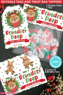 Introducing the Mrs. Claus Bakery Christmas Treat Bag Topper & Tag, featuring a charming reindeer design. The text "Reindeer Poop" is playfully displayed along with festive greetings. Each set comes with candy in clear bags, and for added convenience, an editable PDF is available for personalization.
