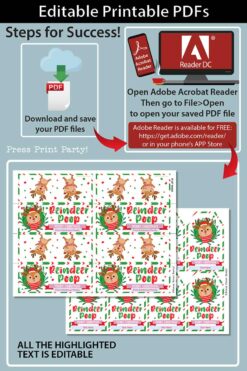 Editable printable PDFs featuring a tutorial on using Adobe Acrobat Reader to open and print, complete with festive Christmas illustrations and a 