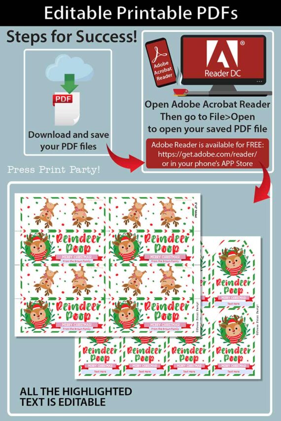 Editable printable PDFs featuring a tutorial on using Adobe Acrobat Reader to open and print, complete with festive Christmas illustrations and a "Reindeer Poop" label, are included in the Mrs. Claus Bakery Christmas Treat Bag Topper & Tag.