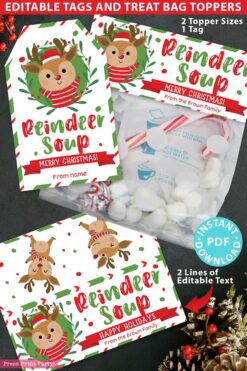 The "Mrs. Claus Bakery Christmas Treat Bag Topper & Tag" features charming reindeer-themed designs perfect for "Reindeer Soup," displayed alongside marshmallows. It includes customizable text areas and illustrations of a reindeer and holiday decorations, with options for Merry Christmas and Happy Holidays messages.