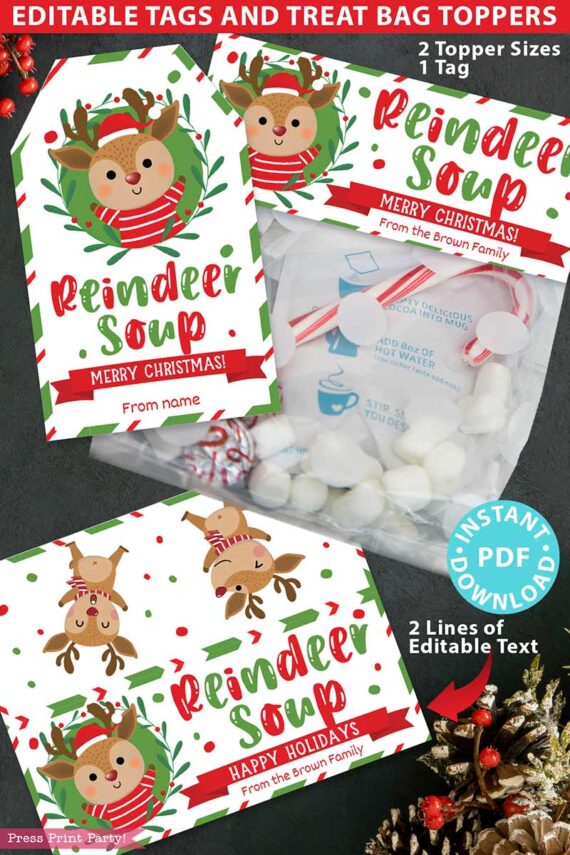 The "Mrs. Claus Bakery Christmas Treat Bag Topper & Tag" features charming reindeer-themed designs perfect for "Reindeer Soup," displayed alongside marshmallows. It includes customizable text areas and illustrations of a reindeer and holiday decorations, with options for Merry Christmas and Happy Holidays messages.